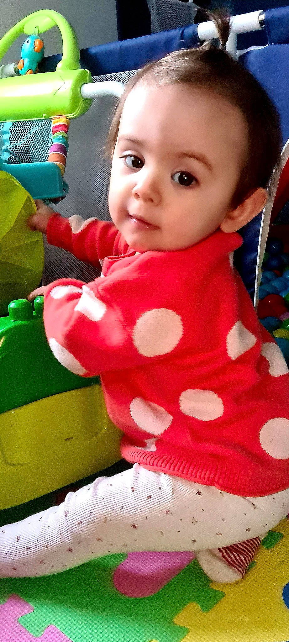 Malya participe au concours pour gagner de l'argent avec cette photo : baby, baby_products, baby_toddler_clothing, carmine, child, fun, green, happy, magenta, pattern, person, pink, play, red, riding_toy, sitting, skin, sleeve, t_shirt, toddler