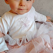 Léonie participe au concours pour gagner de l'argent avec cette photo : child, toddler, baby, portrait, face, eyes, smiling, dress, tutu, pink, white_shirt, ruffle, sitting, hand, socks, indoor, textured_wall, blanket, cute, clothing