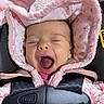 baby, child, yawning, pink_hood, car_seat, pacifier, clothing, face, closed_eyes, infant, cute, warm, straps, seatbelt, hooded_jacket, soft_fabric, sleepy, indoor, portrait, adorable