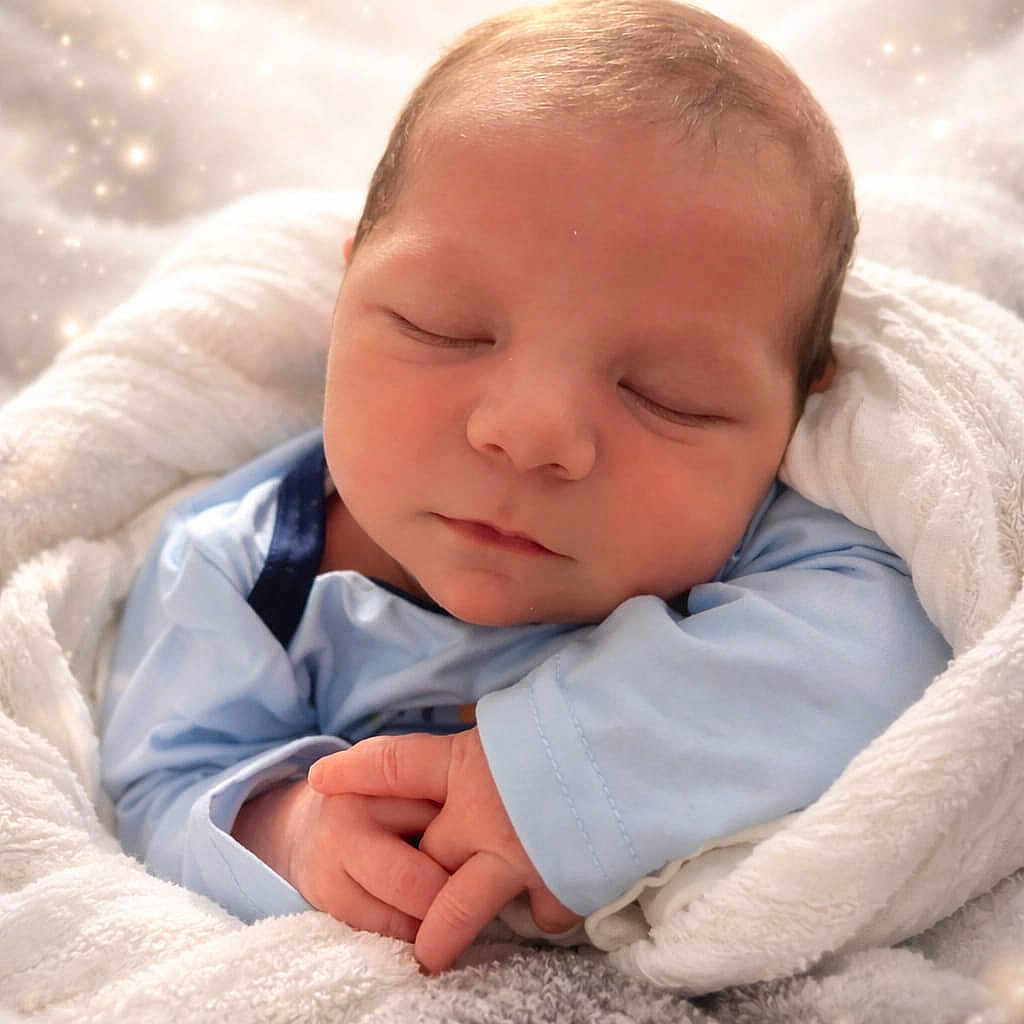 Mohamed Arifan a rejoint le concours — aidez-le/la à gagner de superbes lots ! newborn, baby, sleeping, blanket, soft, cozy, peaceful, infant, wrapped, hands, face, closeup, cute, serene, resting, indoors, portrait, sparkle_effect, blue_clothing, toddler