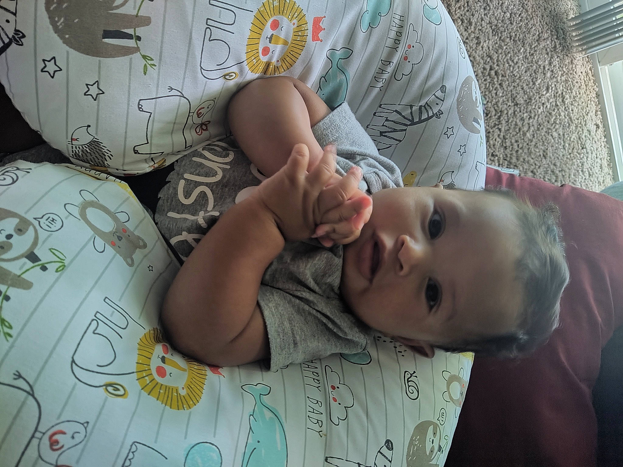 Deondre joined the competition — help win amazing prizes! baby, bedtime, cheek, child, comfort, eye, finger, flooring, hairstyle, human, illustration, linens, mouth, pattern, person, product, room, skin, t_shirt, textile