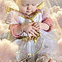 baby, angel, golden_bow, golden_wings, clouds, glowing_light, dress, tulle, pink_sleeves, infant, child, cute, portrait, soft_light, fantasy, magical, hands, feet, adorable, serene