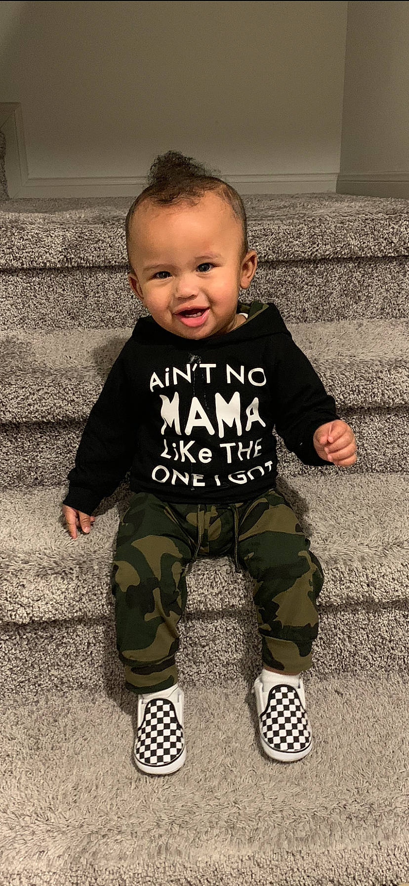 Treyce joined the competition — help win amazing prizes! arm, baby, baby_toddler_clothing, black, cool, eye, face, flooring, hairstyle, head, leg, mammal, person, photograph, skin, sleeve, smile, standing, t_shirt, toddler