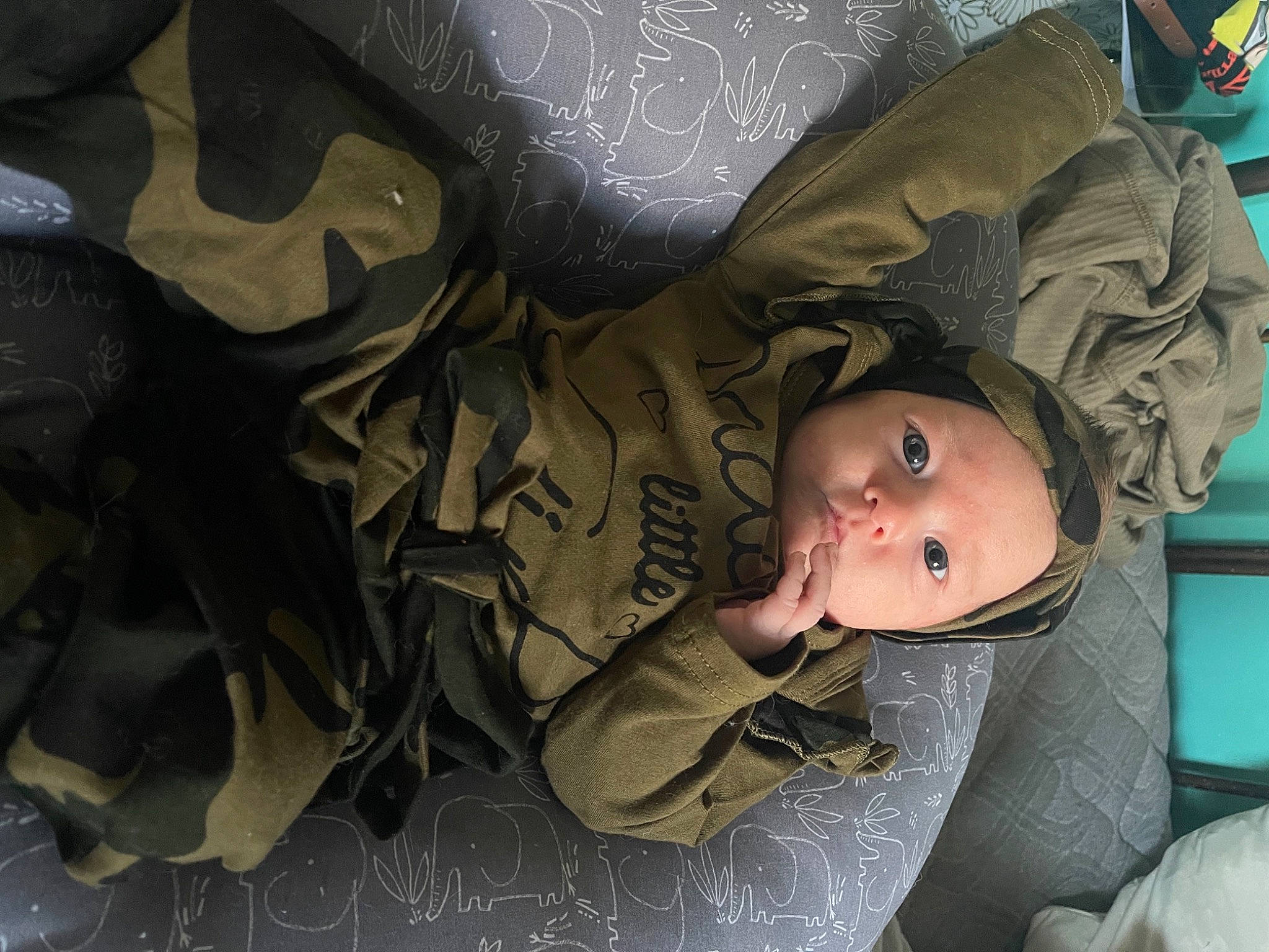 Dahlia is registered to the contest to win money with this photo: baby, baby_carriage, baby_products, baby_toddler_clothing, car_seat, cheek, child, comfort, fashion_accessory, fictional_character, fun, hat, headgear, linens, military_camouflage, pattern, person, personal_protective_equipment, room, toddler