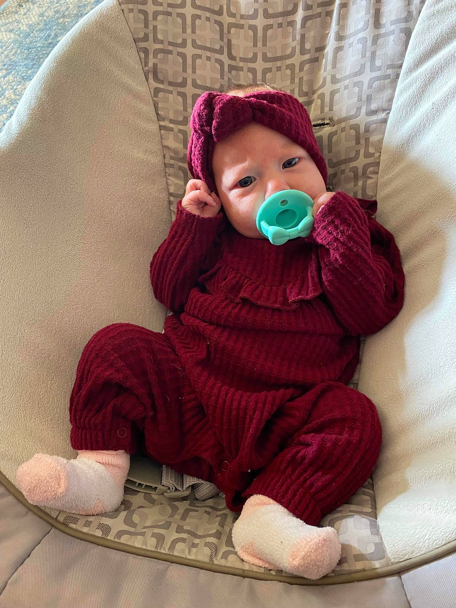 Dahlia joined the competition — help win amazing prizes! baby, baby_sleeping, baby_toddler_clothing, cheek, comfort, face, grass, head, headgear, human_body, jacket, knit_cap, linens, magenta, pattern, person, pink, purple, sleeve, toddler