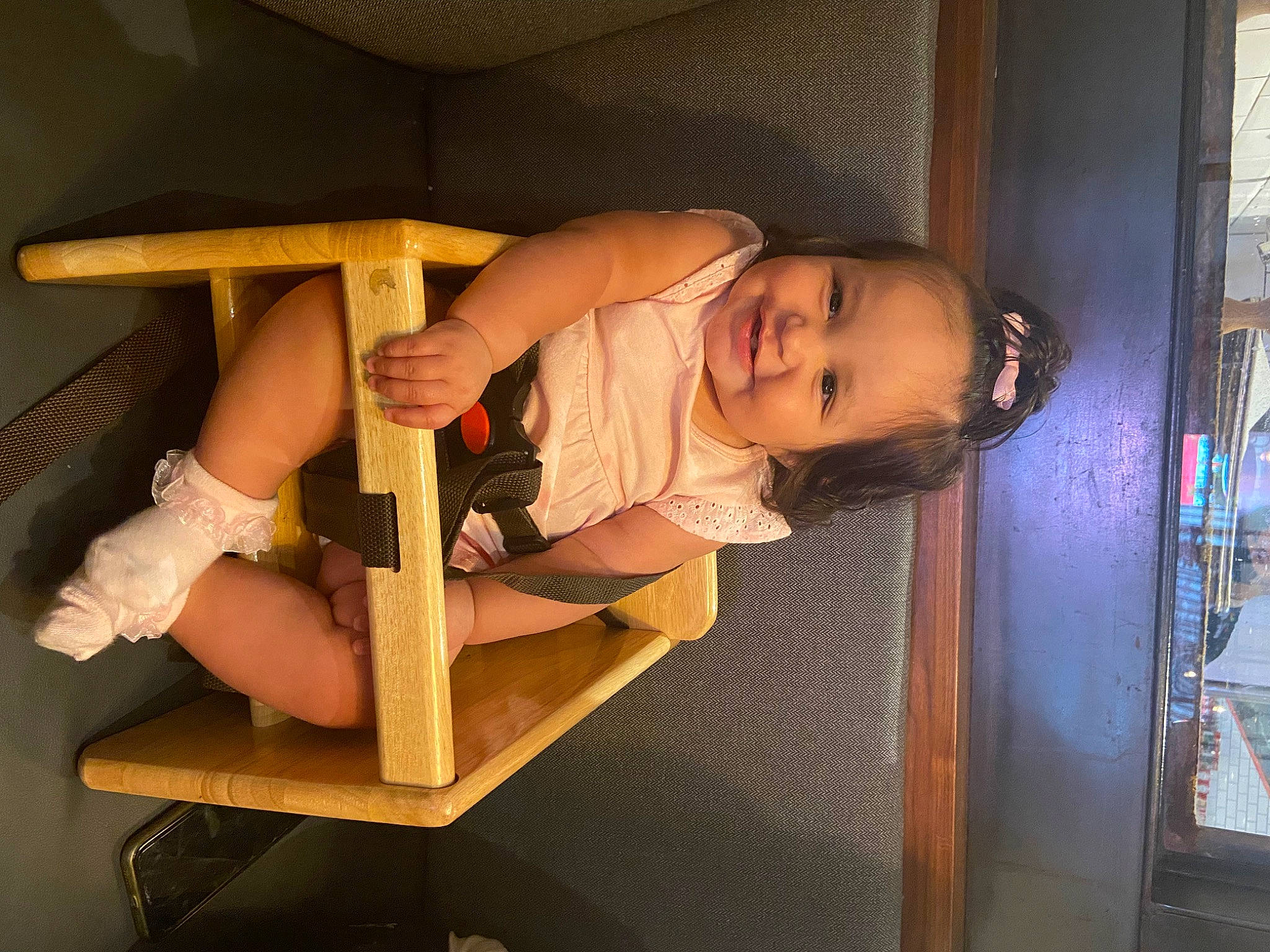 Camila joined the competition — help win amazing prizes! baby, baby_products, baby_toddler_clothing, balance, child, comfort, door, elbow, finger, fun, hardwood, human_body, human_leg, joy, person, room, sitting, smile, stairs, thigh
