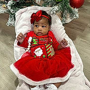 Zora is registered to the contest to win money with this photo: baby, christmas_tree, holiday, red_dress, red_bow, white_blanket, ornaments, green_ornaments, red_ornaments, floor, indoor, festive, cute, child, infant, sock, lace, celebration, seasonal, decor