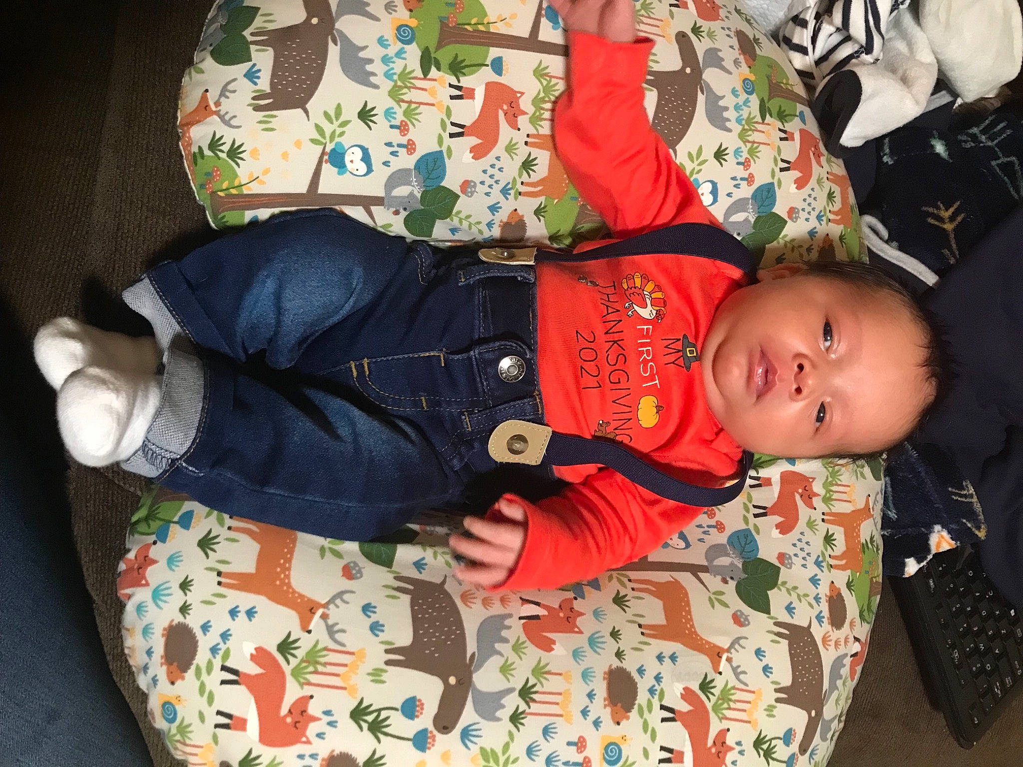 Kadence is registered to the contest to win money with this photo: baby, baby_products, baby_toddler_clothing, cheek, child, comfort, happy, pattern, person, room, sitting, sleeve, textile, toddler, tree