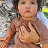 adult_hand, baby, casual_clothing, child, curly_hair, cute, expression, face, family, grass, holding, outdoor, people, person, portrait, shirt, sitting, skin, sunlight, toddler