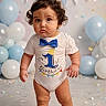 Joseph is registered to the contest to win money with this photo: toddler, baby, birthday, crown, confetti, balloons, blue_bow_tie, white_onesie, standing, celebration, party, cute, child, indoor, floor, decorations, festive, portrait, happy, one_year_old