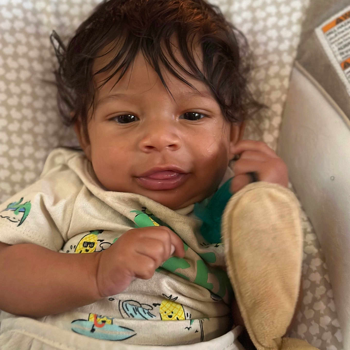 Malcolm Jr joined the competition — help win amazing prizes! baby, child, close_up, clothing, cozy, curly_hair, cute, face, hand, indoors, infant, patterned_background, person, plush_toy, portrait, sitting, smiling, soft_toy, toy, young_child