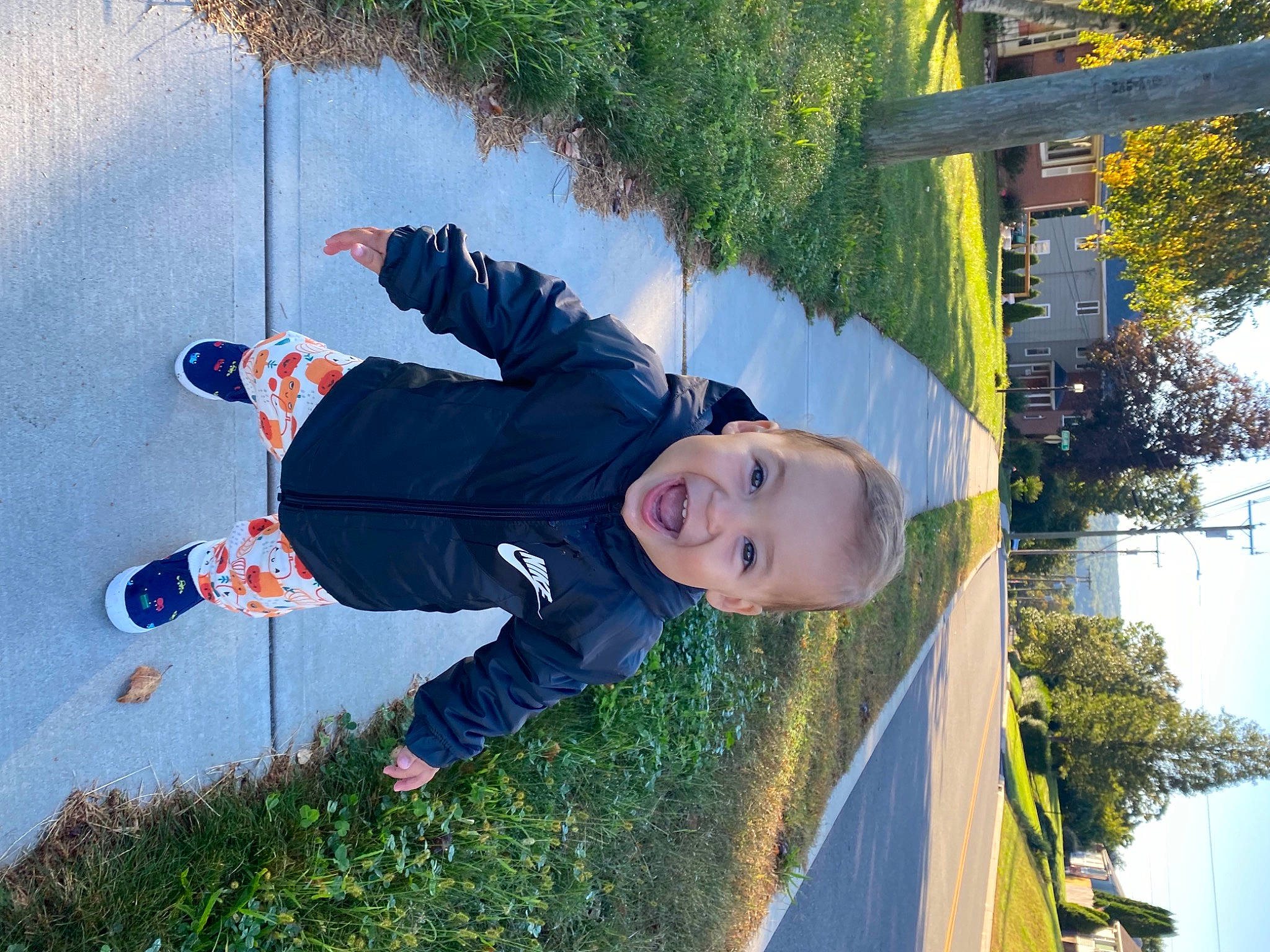 Noah is registered to the contest to win money with this photo: child, denim, electric_blue, fun, grass, happy, landscape, leaf, leisure, people_in_nature, person, plant, recreation, shadow, sky, smile, spring, sunlight, toddler, tree