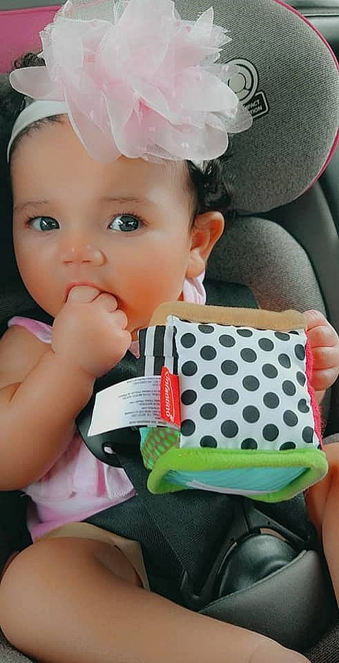 Yvette joined the competition — help win amazing prizes! baby, baby_products, baby_toddler_clothing, cheek, child, cool, eyelash, facial_expression, fun, hairstyle, happy, hat, headband, headpiece, iris, nail, person, petal, pink, product