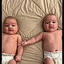 baby, infant, diaper, bed, blanket, cute, child, holding_hands, lying_down, two_babies, skin, sleepwear, bedroom, comfort, twin_babies, newborn, naked_torso, soft, adorable, resting