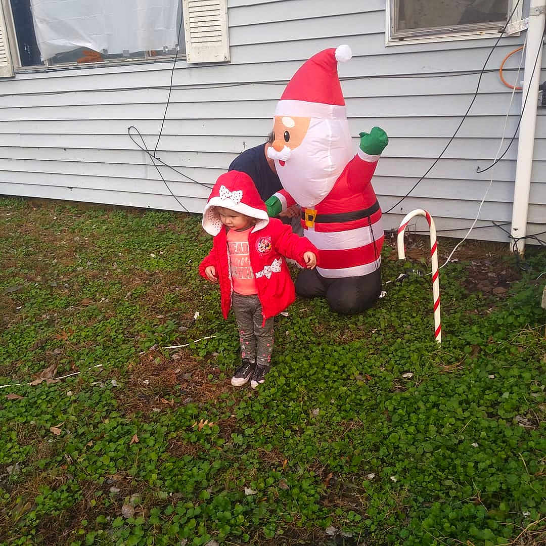 Joyce joined the competition — help win amazing prizes! beard, christmas, christmas_decoration, christmas_eve, christmas_ornament, costume_hat, event, fictional_character, garden_gnome, grass, hat, holiday, lap, lawn, lawn_ornament, plant, recreation, santa_claus, tree, window