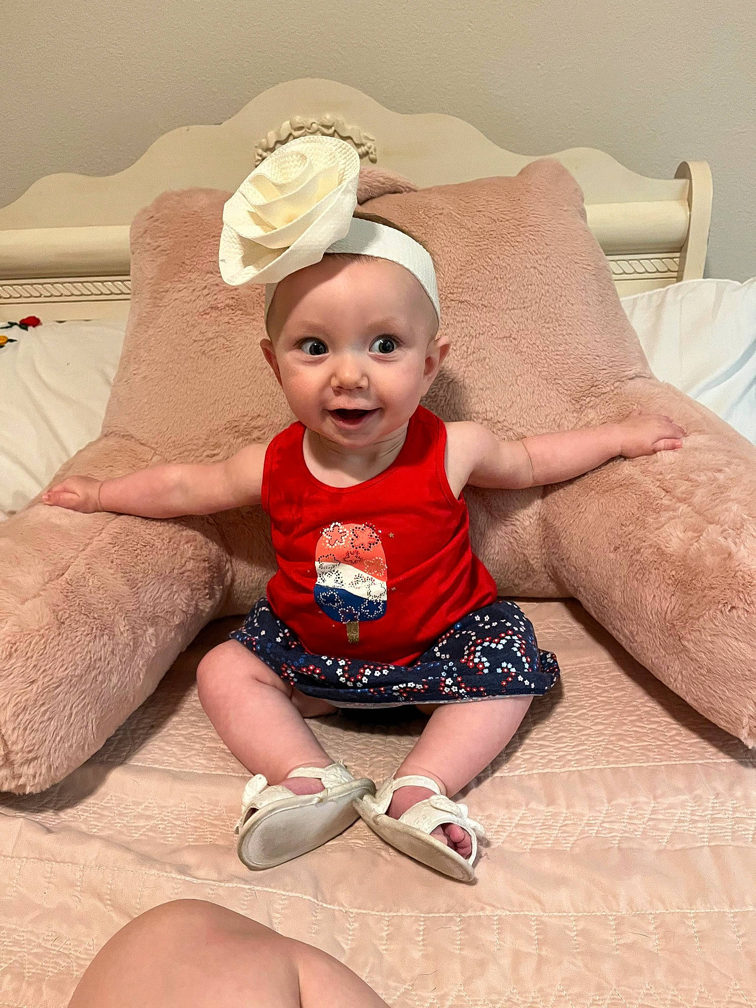 Grace joined the competition — help win amazing prizes! baby, baby_toddler_clothing, child, comfort, eye, finger, flash_photography, foot, fun, happy, hat, head, human_leg, linens, person, sitting, skin, sleeve, smile, thigh