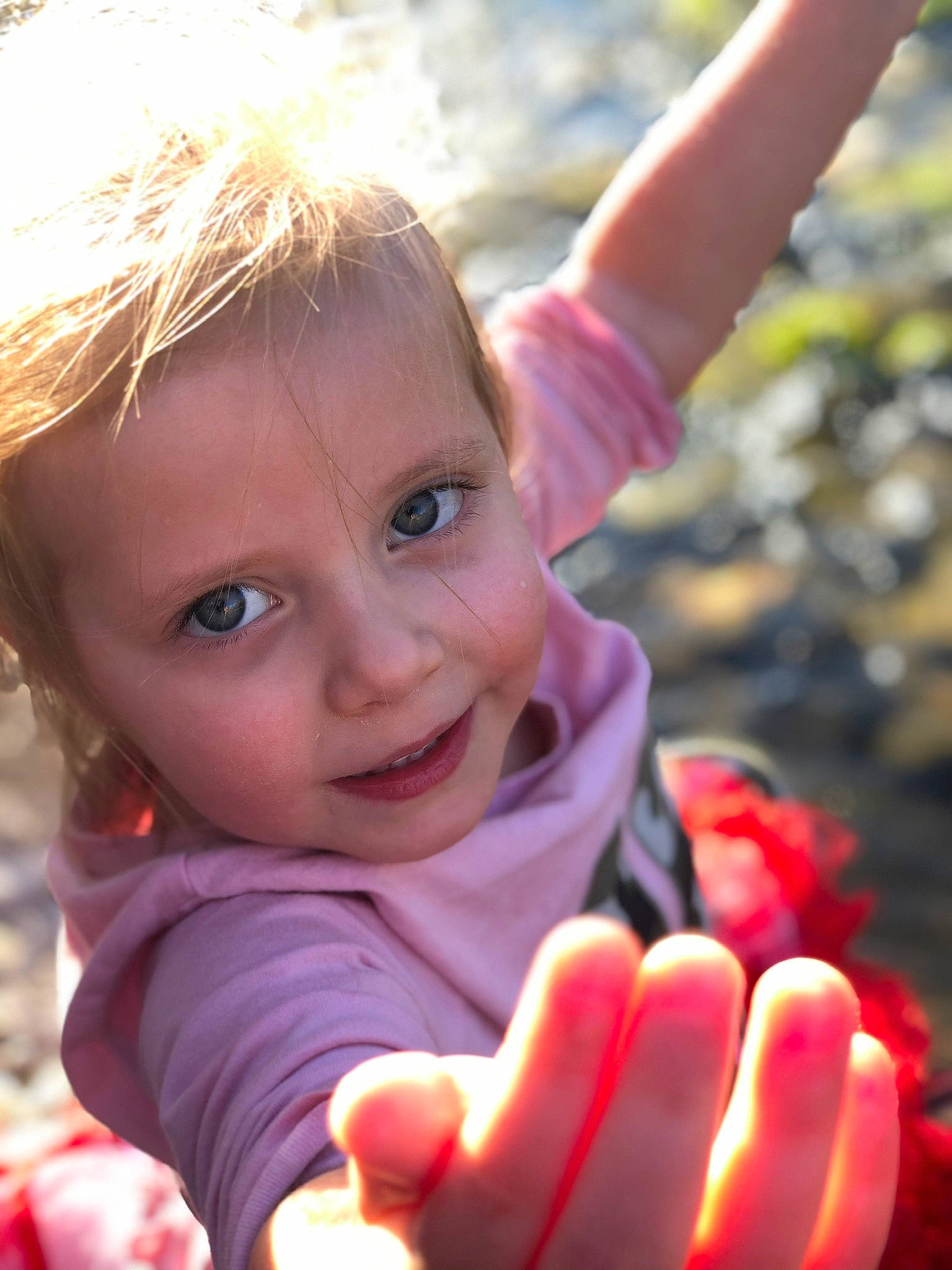 Jayden joined the competition — help win amazing prizes! blond, child, finger, gesture, hand, happy, person, plant, play, smile, sunlight, thumb, toddler