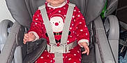 Shelsea participe au concours pour gagner de l'argent avec cette photo : baby, child, high_chair, chicco, red_clothing, polka_dot, santa, onesie, indoor, seat_belt, serious_expression, flooring, furniture, straps, face, person, infant, wood_floor, baby_clothes, baby_seat