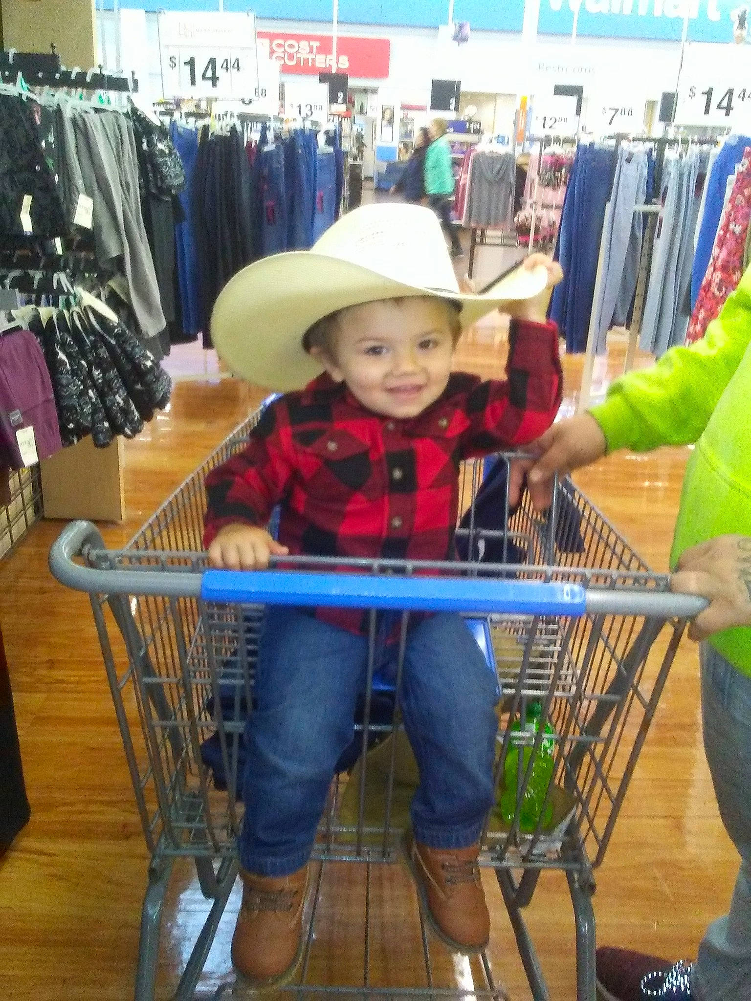 Korbyn is registered to the contest to win money with this photo: cart, child, jeans, joy, person, product, shopping, supermarket, toddler, vehicle