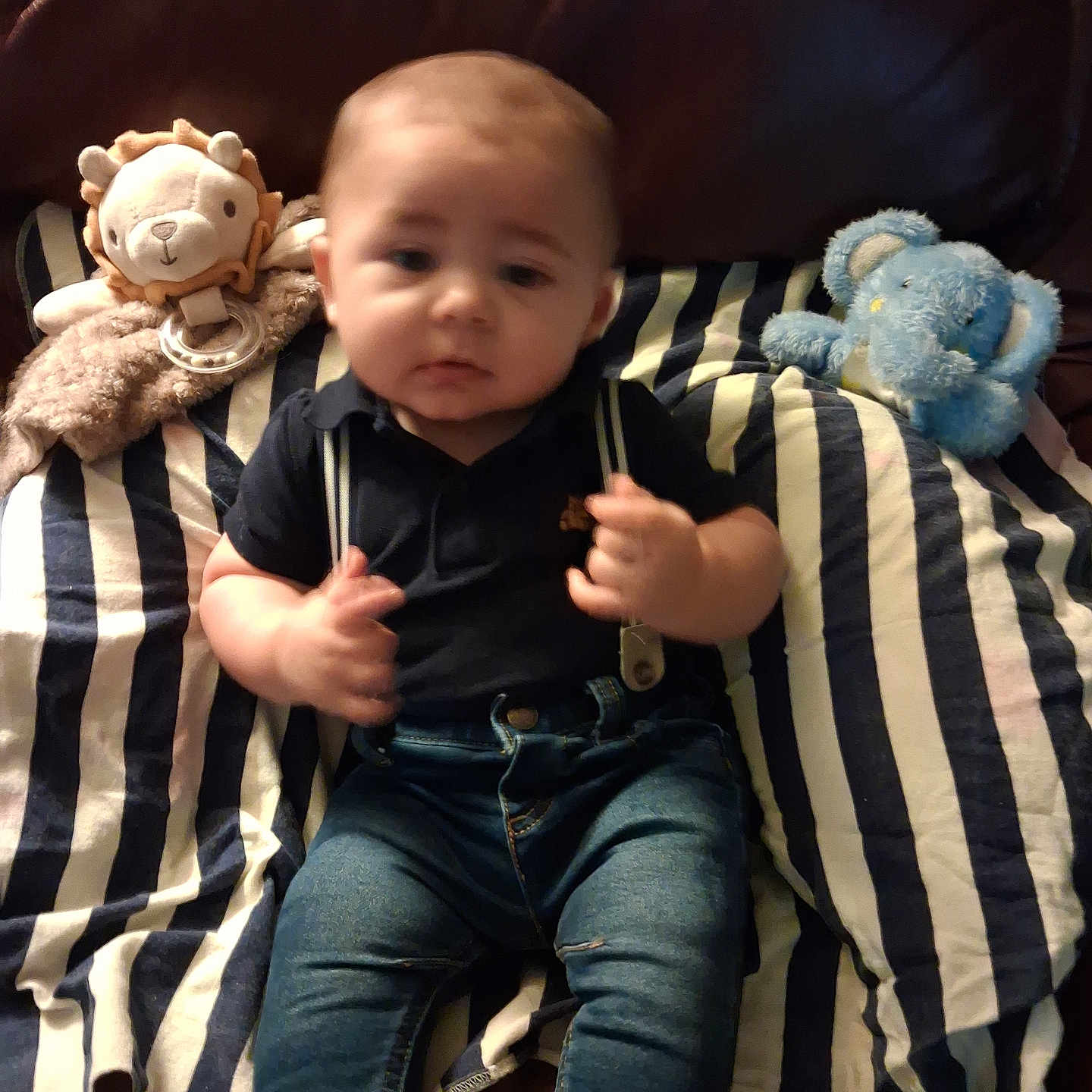 Eric joined the competition — help win amazing prizes! baby, child, infant, sitting, portrait, face, serious, clothing, suspenders, shirt, jeans, socks, stuffed_animal, lion_toy, elephant_toy, cushion, striped_blanket, sofa, indoor, photography
