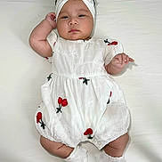 Euphoria is registered to the contest to win money with this photo: baby, infant, child, white_outfit, headband, bow, red_cherries, lying_down, white_background, socks, cute, adorable, portrait, smiling, chubby_cheeks, clothing, baby_girl, fashion, soft_lighting, indoor