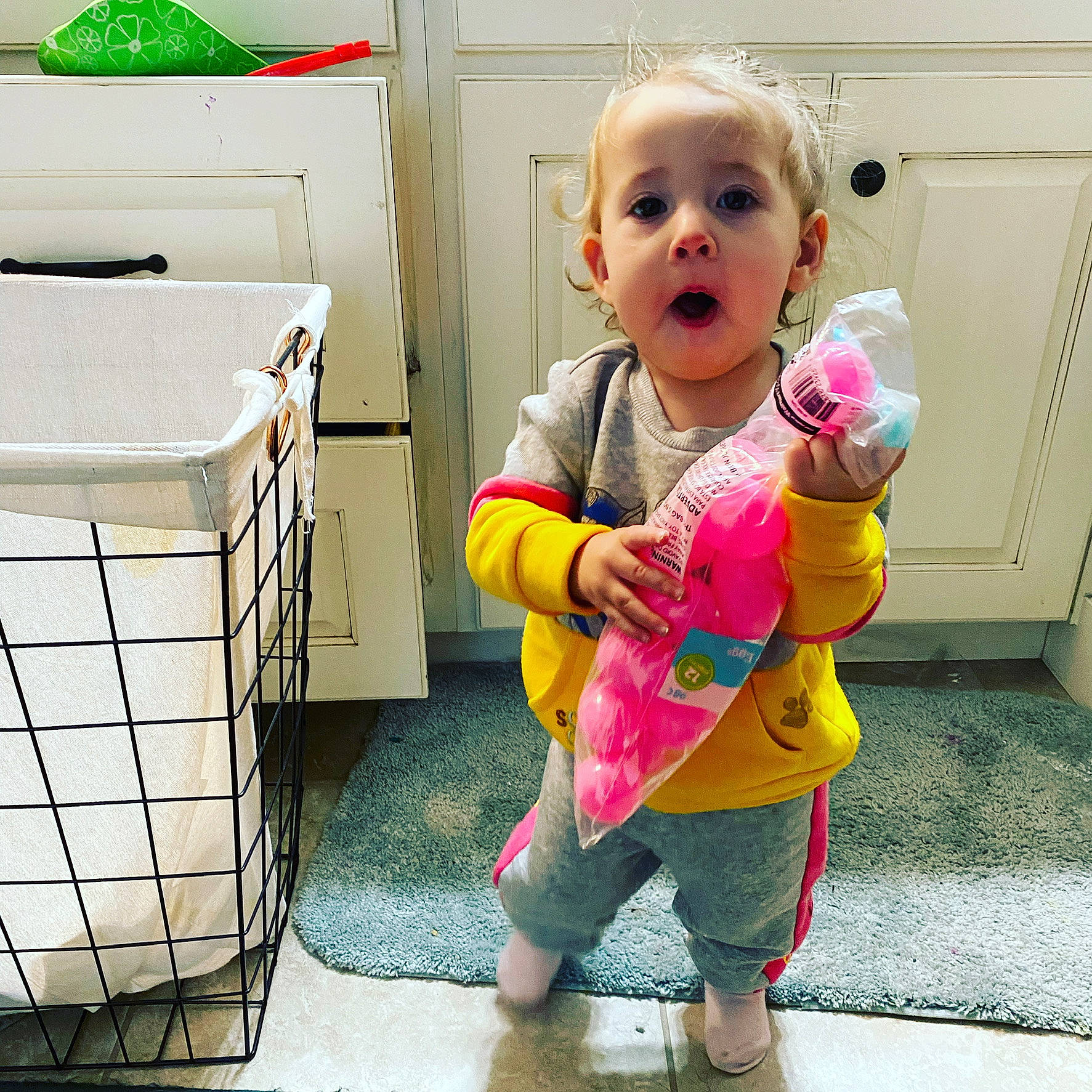 Lacey Jo joined the competition — help win amazing prizes! baby, baby_safety, baby_toddler_clothing, child, cleanliness, crate, flooring, fun, happy, household_supply, packing_materials, person, pet_supply, play, product, room, sleeve, snapshot, standing, surprise