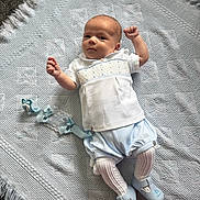 Reggie joined the competition — help win amazing prizes! baby, baby_shoes, blanket, blue_clothing, carpet, child, cute, footwear, indoors, infant, looking_up, lying_down, newborn, pacifier, patterned_blanket, peaceful, small_hands, soft_texture, tights, white_clothing