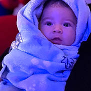 Damien is registered to the contest to win money with this photo: baby, blanket, child, face, wrapped, cozy, soft, indoor, portrait, warm, cute, infant, expression, looking, snug, clothing, person, young, bundle, head