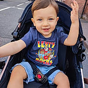 Enoh Ioan Sava is registered to the contest to win money with this photo: toddler, child, stroller, street, urban, casual_clothing, shorts, tshirt, smiling, waving, daylight, sidewalk, car, safety_belt, playful, outdoor, person, young_child, cute, happy