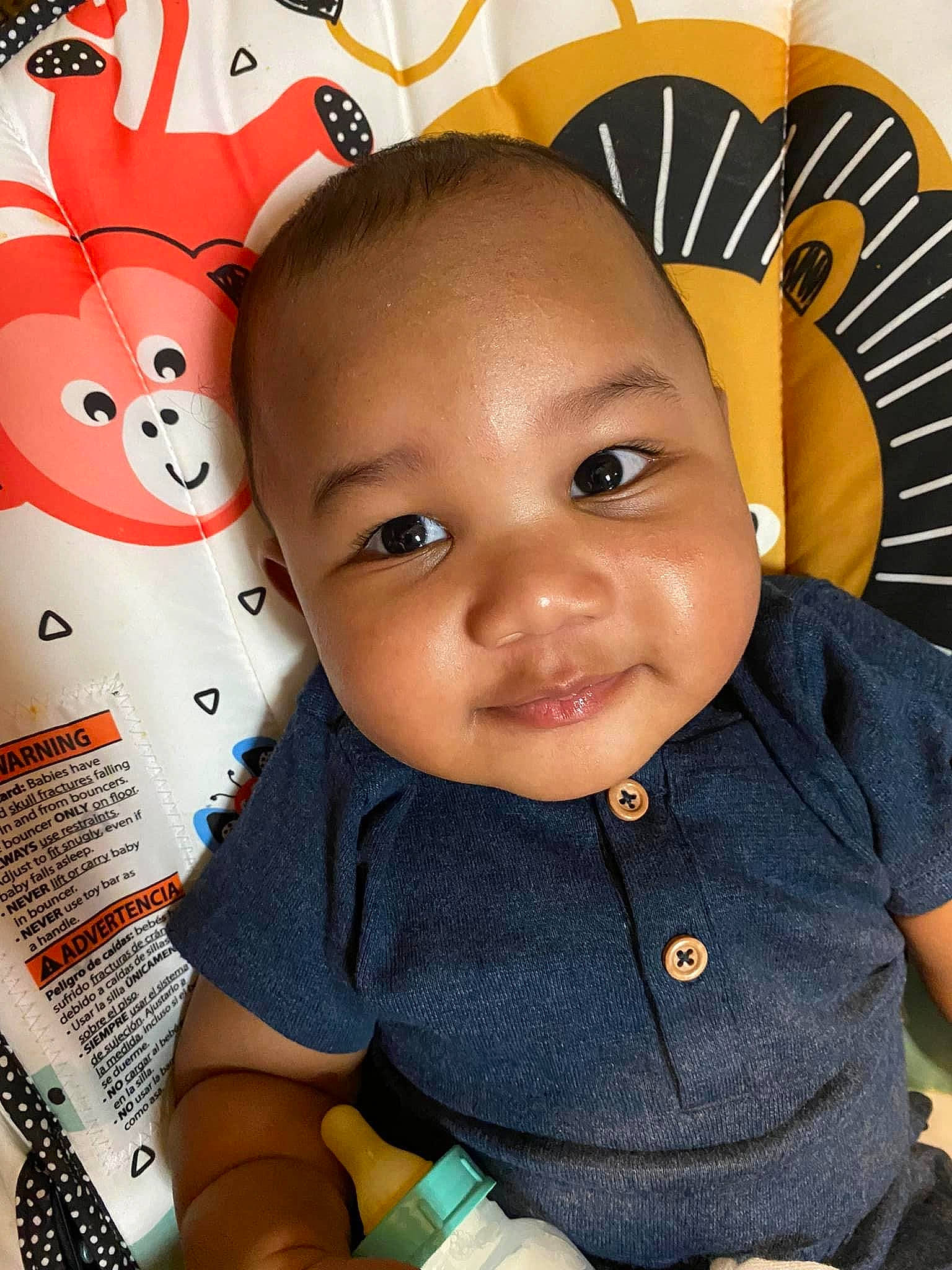 Silas is registered to the contest to win money with this photo: baby, baby_toddler_clothing, carmine, cheek, child, chin, eye, eyebrow, eyelash, facial_expression, fun, hairstyle, happy, nose, person, product, skin, sleeve, smile, t_shirt