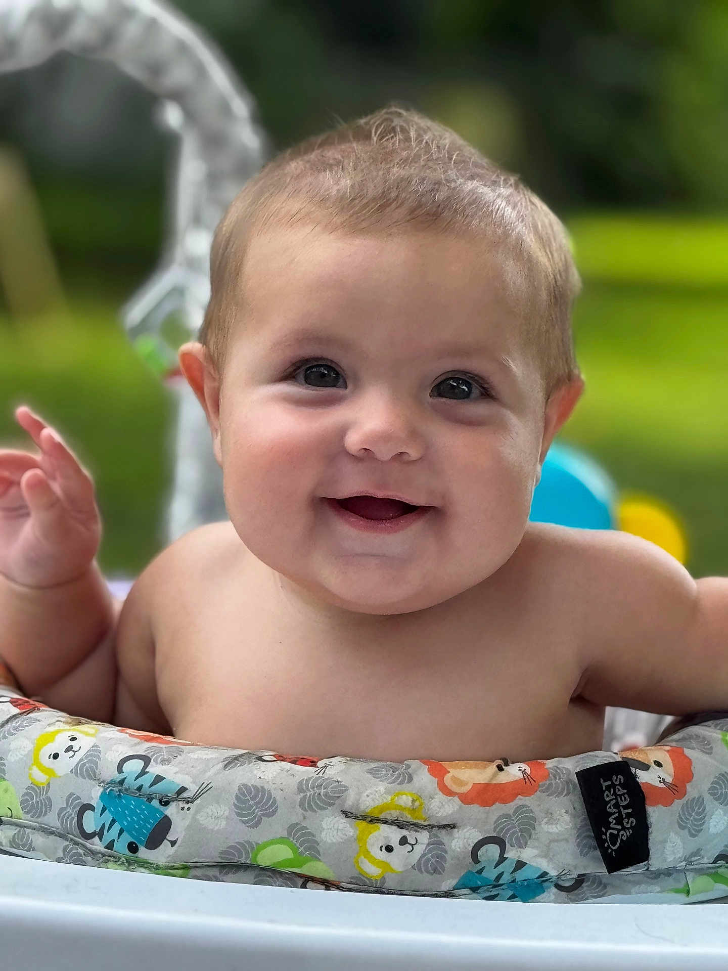 Everly joined the competition — help win amazing prizes! baby, smiling, face, child, infant, outdoor, seat, colorful, happy, cute, skin, head, eyes, hand, toy, nature, portrait, baby_seat, expression, young