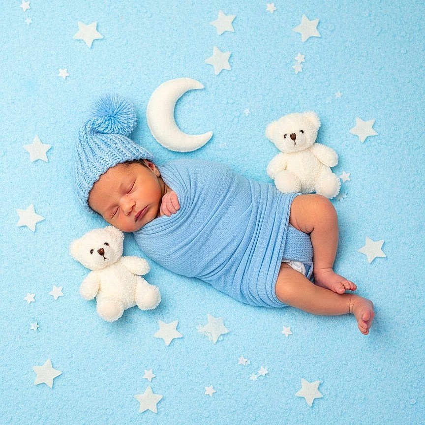 Sonny is registered to the contest to win money with this photo: newborn, baby, sleeping, blue_blanket, knit_hat, teddy_bear, crescent_moon, stars, soft_toys, wrapped, cozy, cute, infant, peaceful, background, studio_photography, portrait, child, resting, blue