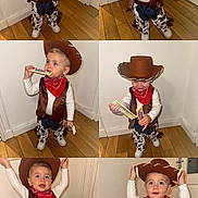 Tyler joined the competition — help win amazing prizes! bandana, child, collage, costume, cow_print_pants, cowboy_costume, cute, door, hat, indoor, multiple_images, playful, posing, shoes, smiling, toddler, vest, wall, white_long_sleeve, wooden_floor