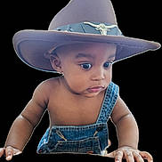 Justin joined the competition — help win amazing prizes! baby, child, cowboy_hat, denim_overalls, curious, wide_eyes, cute, portrait, hands, skin, infant, fashion, headwear, clothing, young_child, expression, one_person, isolated, studio_shot, cute_face