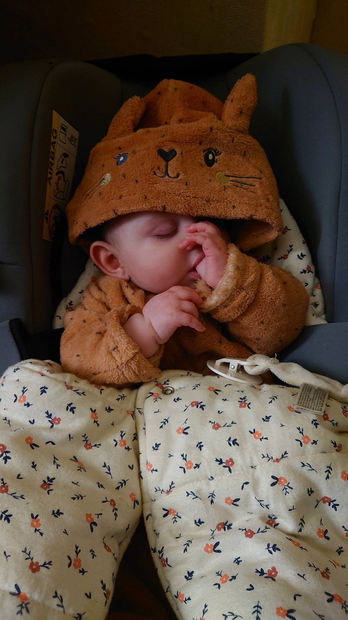 Cëlia a rejoint le concours — aidez-le/la à gagner de superbes lots ! baby, baby_sleeping, baby_toddler_clothing, beanie, bedding, cap, cheek, child, comfort, fur, knit_cap, linens, mammal, pattern, peach, person, room, sitting, skin, sleeve