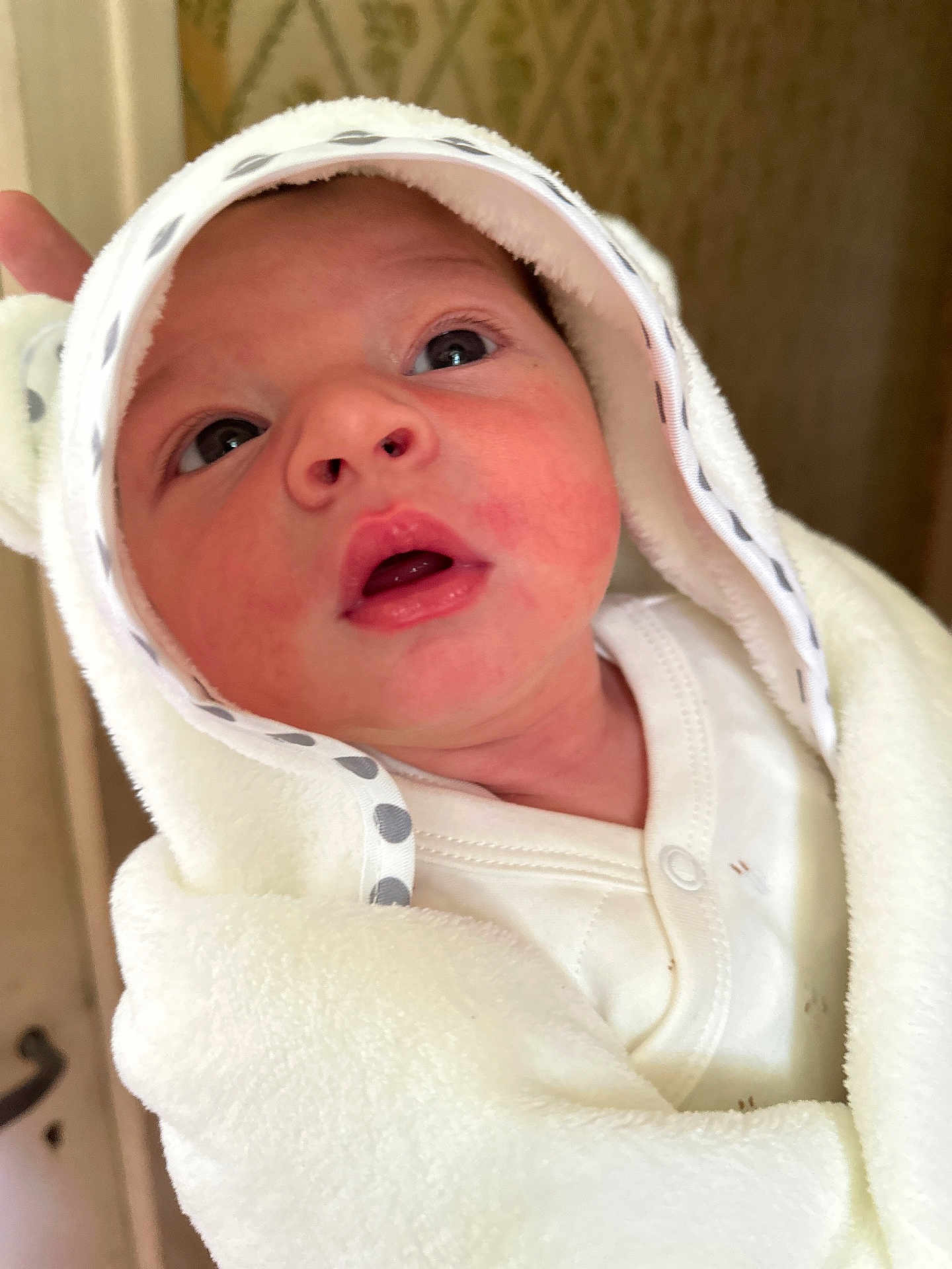 Sohan a rejoint le concours — aidez-le/la à gagner de superbes lots ! baby, infant, hooded_towel, white_clothing, close_up, face, skin, eyes, mouth, expression, soft_texture, indoor, newborn, curious, wrapped, polka_dot, blanket, child, portrait, cute