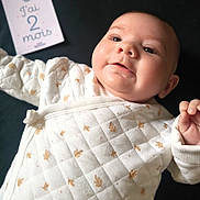 Victoire participe au concours pour gagner de l'argent avec cette photo : baby, infant, face, clothing, quilted, pattern, white, leaf, milestone_card, text, black_background, closeup, cute, lying_down, portrait, cheeks, hand, skin, expression, indoors