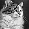 animal, black_and_white, cat, close_up, dramatic, ears, eyes, feline, fluffy, fur, long_hair, looking_away, monochrome, nose, paws, pet, portrait, resting, studio_lighting, whiskers