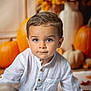 child, toddler, boy, face, blue_eyes, hair, white_shirt, denim, jeans, pumpkins, autumn, fall_leaves, flowers, vase, portrait, indoor, sitting, looking_at_camera, cute, seasonal_decor