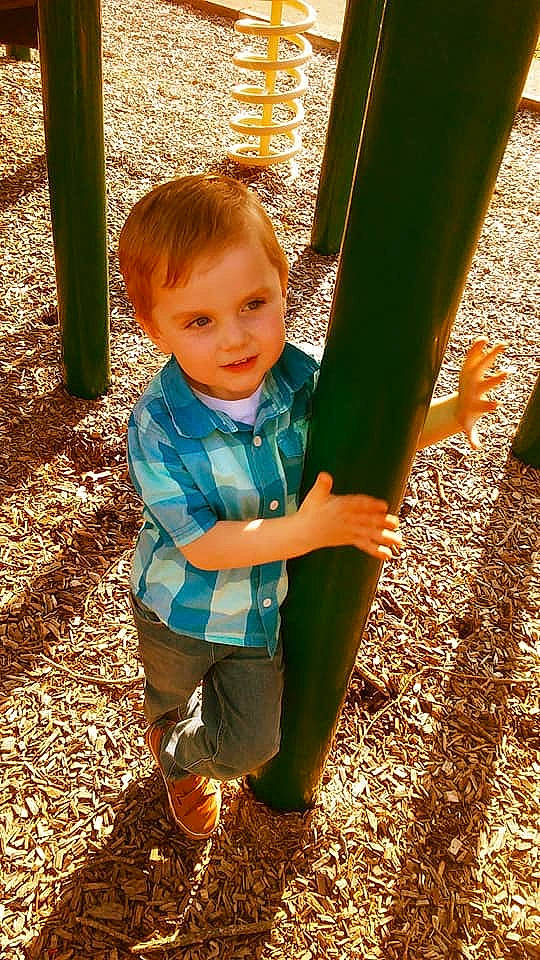 William joined the competition — help win amazing prizes! child, human_settlement, leaf, outdoor_play_equipment, person, plant, plant_stem, play, playground, playground_slide, public_space, smile, standing, toddler
