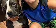 Gemma is registered to the contest to win money with this photo: child, dog, smiling, curly_hair, blue_shirt, green_shorts, barefoot, wooden_floor, indoor, pet, happy, portrait, black_dog, white_markings, teal_wall, crouching, friendship, cute, animal, home