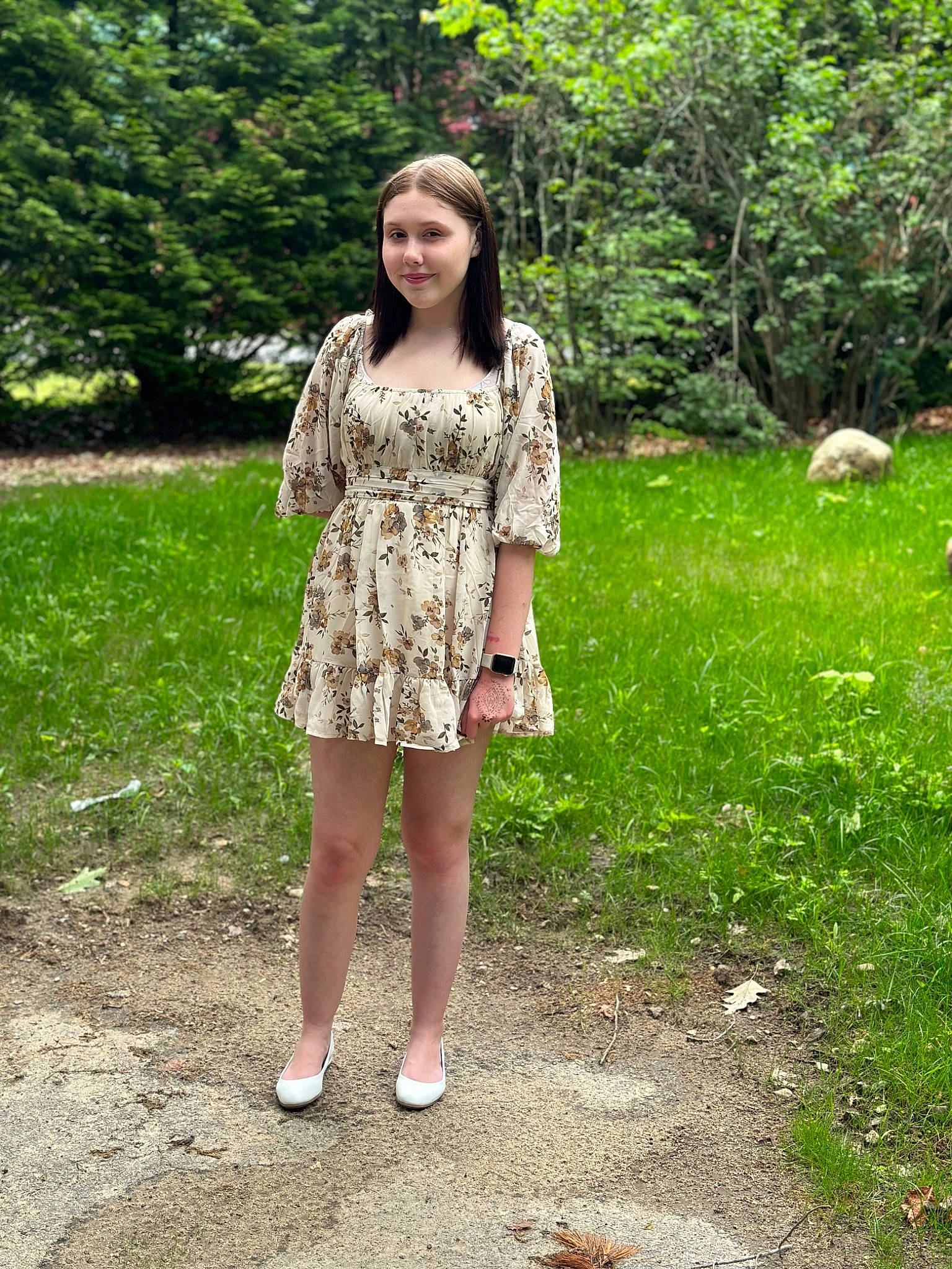 Jayda Meadow joined the competition — help win amazing prizes! brown_hair, day_dress, eyewear, fashion_design, fawn, grass, hair, human_leg, joy, knee, long_hair, pattern, person, plant, shrub, sleeve, spring, summer, thigh, tree