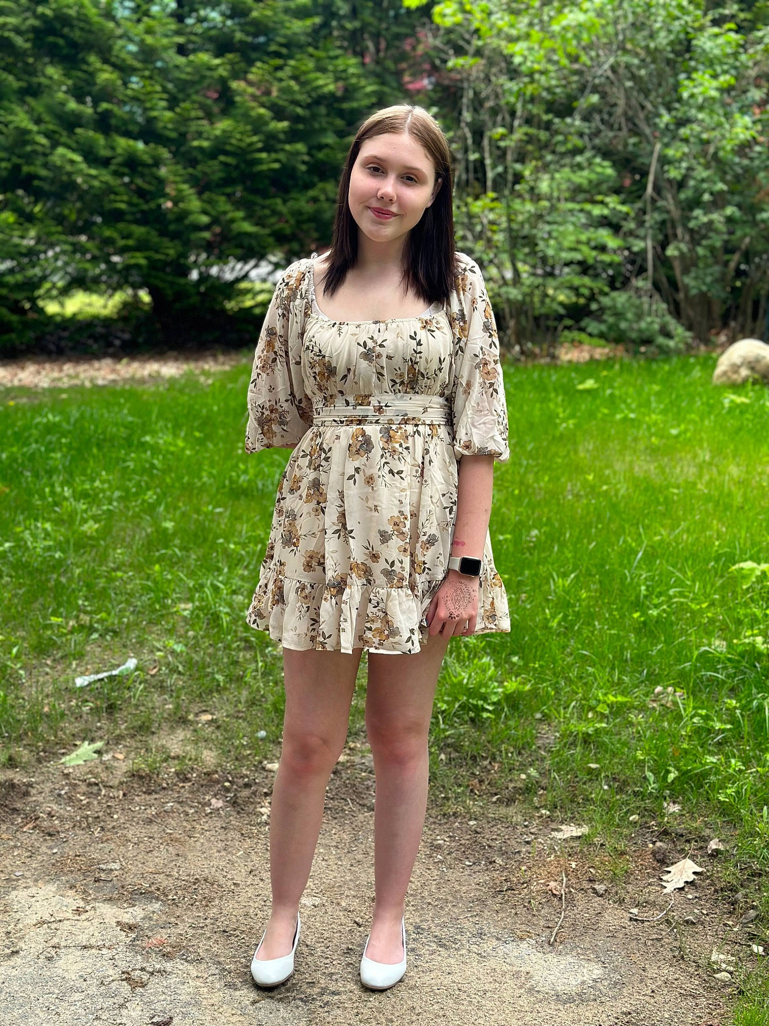 Jayda Meadow joined the competition — help win amazing prizes! brown_hair, day_dress, fashion_design, fawn, grass, hairstyle, human_leg, joy, knee, long_hair, magenta, one_piece_garment, pattern, peach, people_in_nature, person, plant, sleeve, thigh, tree