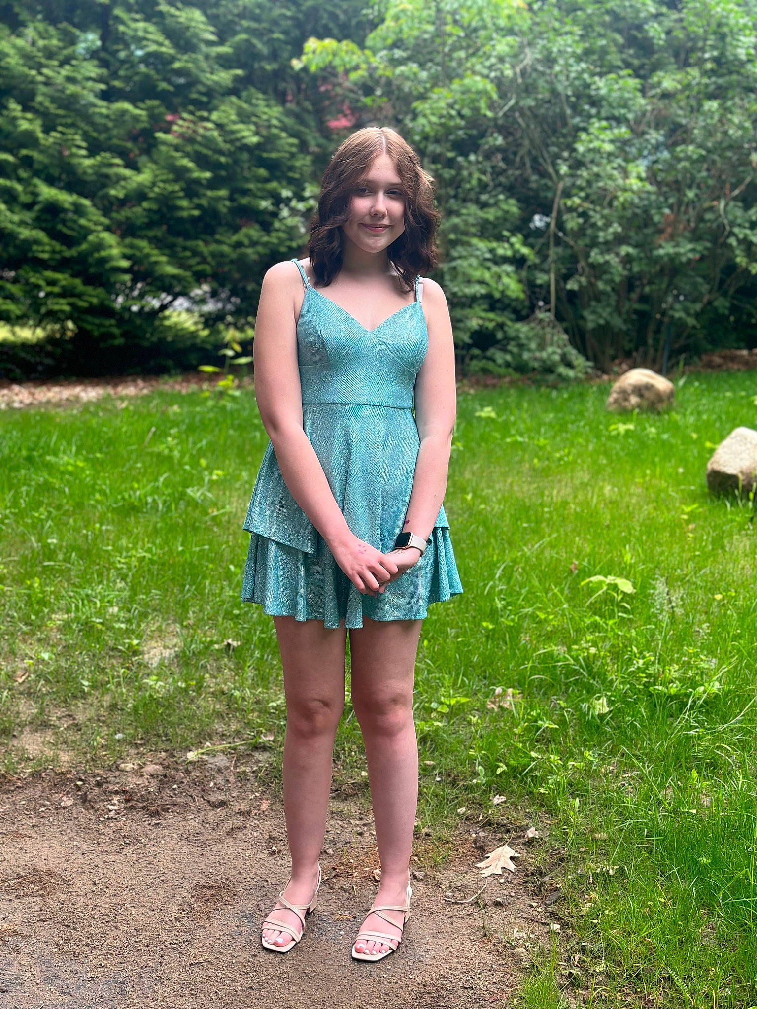 Jayda Meadow joined the competition — help win amazing prizes! day_dress, dress, electric_blue, face, fawn, formal_wear, grass, hair, happy, joy, one_piece_garment, pattern, people_in_nature, person, plant, sandal, shoe, smile, summer, tree