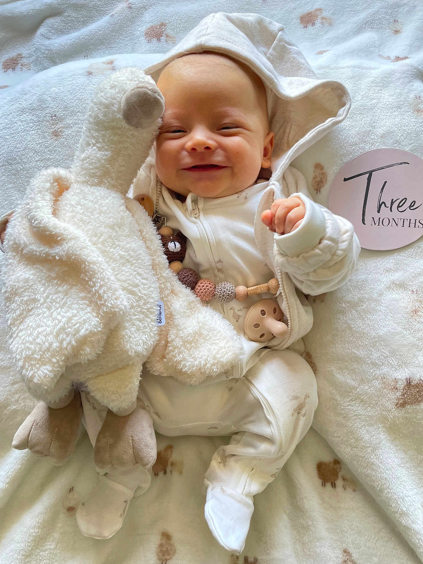 Cohen joined the competition — help win amazing prizes! baby, smiling, infant, stuffed_toy, goose, white_pajamas, blanket, milestone_sign, three_months, pacifier, wooden_beads, cute, lying_down, soft_texture, indoor, child, happy, face, closeup, cozy