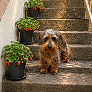 Zigzag a rejoint le concours — aidez-le/la à gagner de superbes lots ! dog, small_dog, shaggy_fur, stairs, stone_stairs, potted_plants, strawberry_plants, strawberries, green_leaves, flower_pots, garden, outdoor, sunlight, shadows, nature, pet, animal, curious, walking, steps
