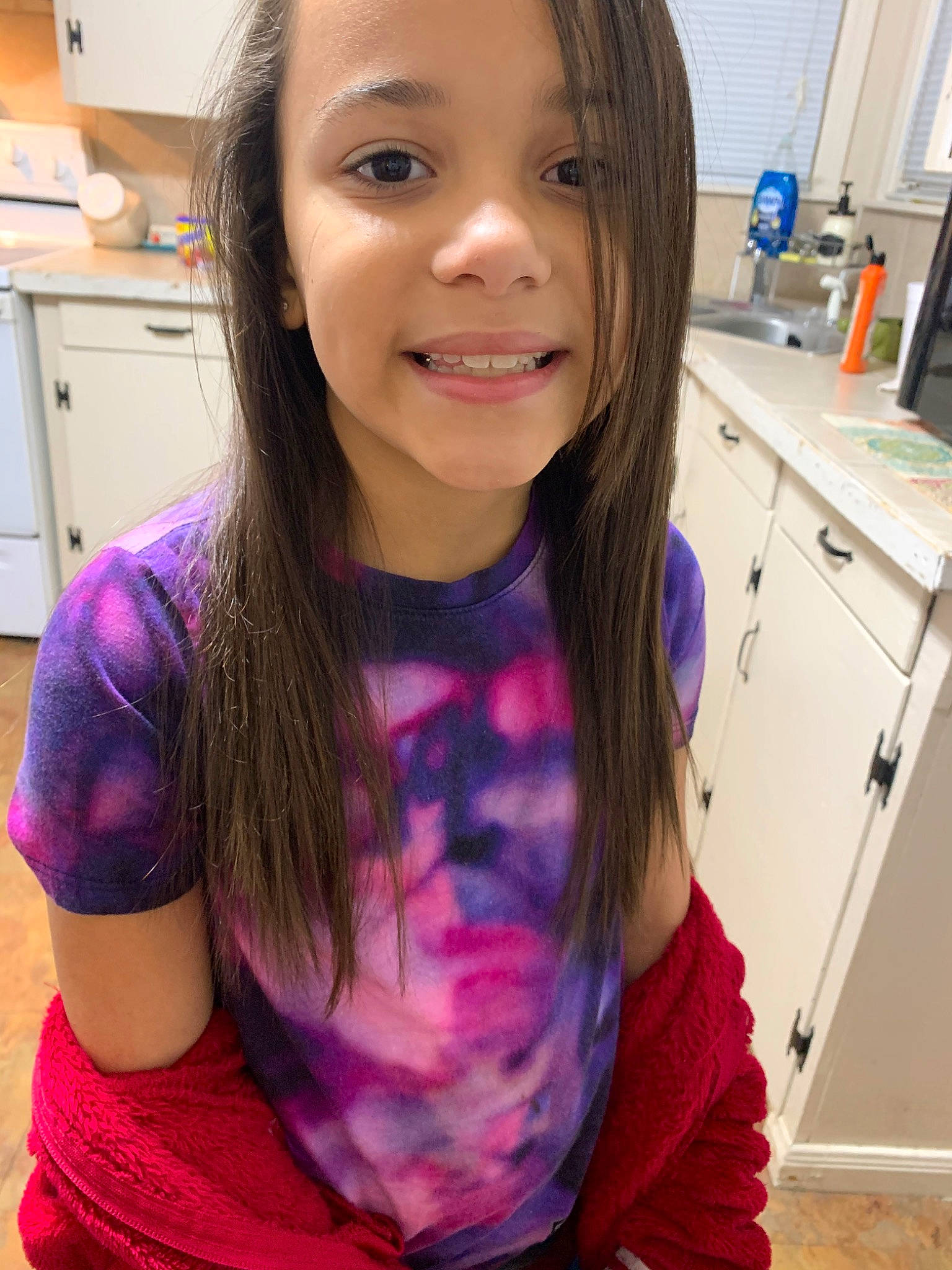 Grayce joined the competition — help win amazing prizes! arm, brown_hair, cheek, chin, eyebrow, face, forehead, hair, hair_coloring, hairstyle, jaw, joy, lip, long_hair, neck, person, purple, room, selfie, shoulder