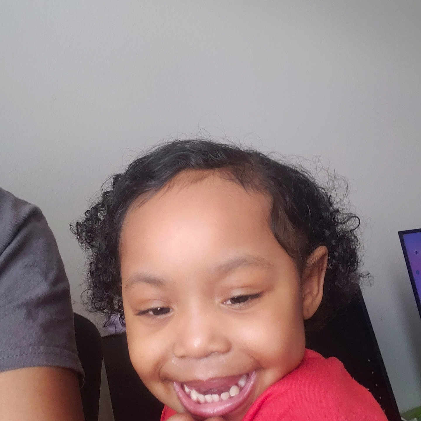 Kaomi joined the competition — help win amazing prizes! baby, child, childhood, closeup, curly_hair, cute, expression, face, hand, happy, indoor, joyful, pacifier, person, portrait, red_clothing, skin, smiling, toddler, young