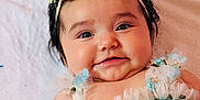 Brooklyn is registered to the contest to win money with this photo: adorable, baby, blanket, blue_dress, child, closeup, cute, face, flower_headband, happy, headwear, indoors, infant, lying_down, numbers, portrait, skin, smile, soft_texture, young_child