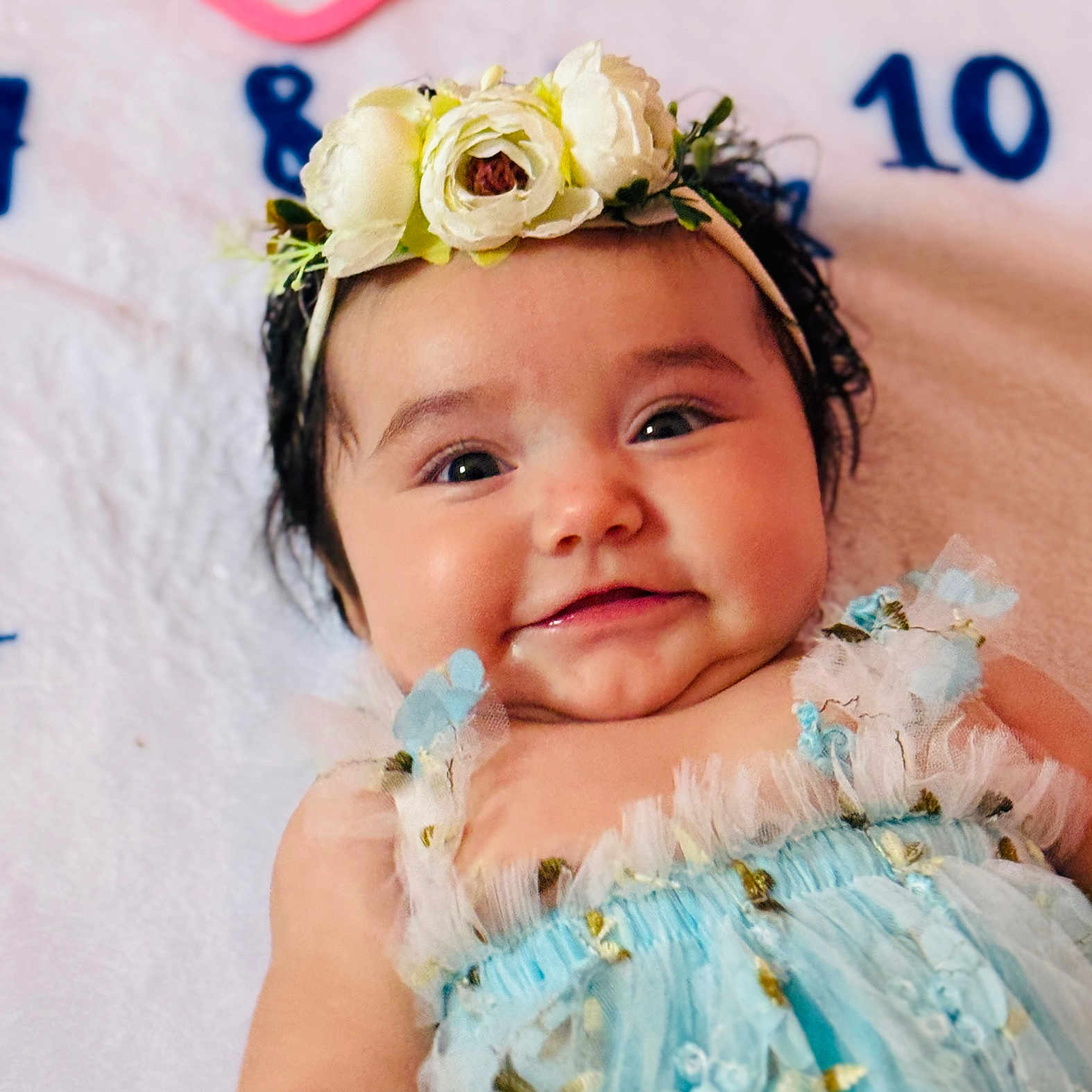 Brooklyn is registered to the contest to win money with this photo: adorable, baby, blanket, blue_dress, child, closeup, cute, face, flower_headband, happy, headwear, indoors, infant, lying_down, numbers, portrait, skin, smile, soft_texture, young_child
